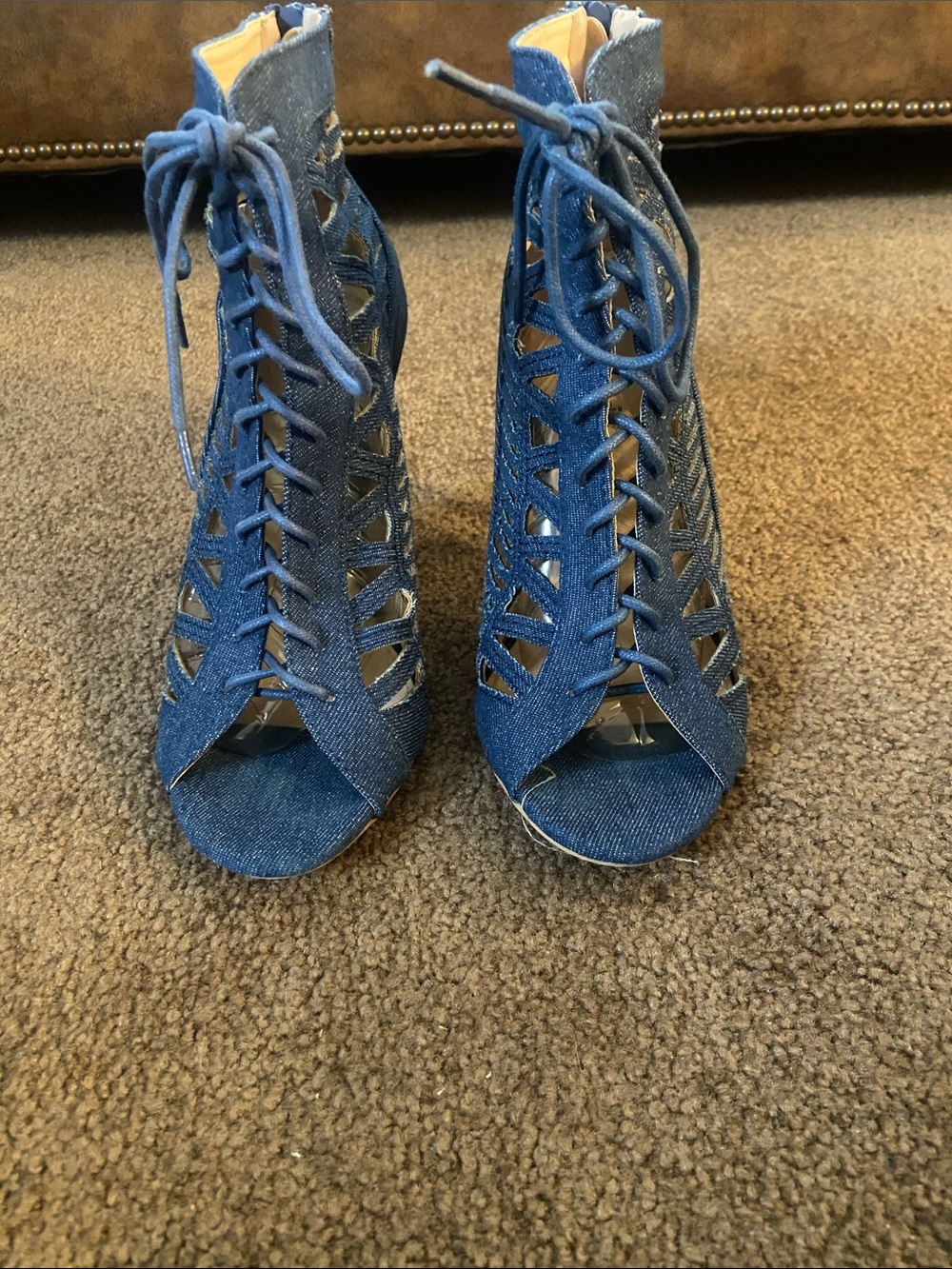 Lace-Up Peep Toe Denim Heels in Blue